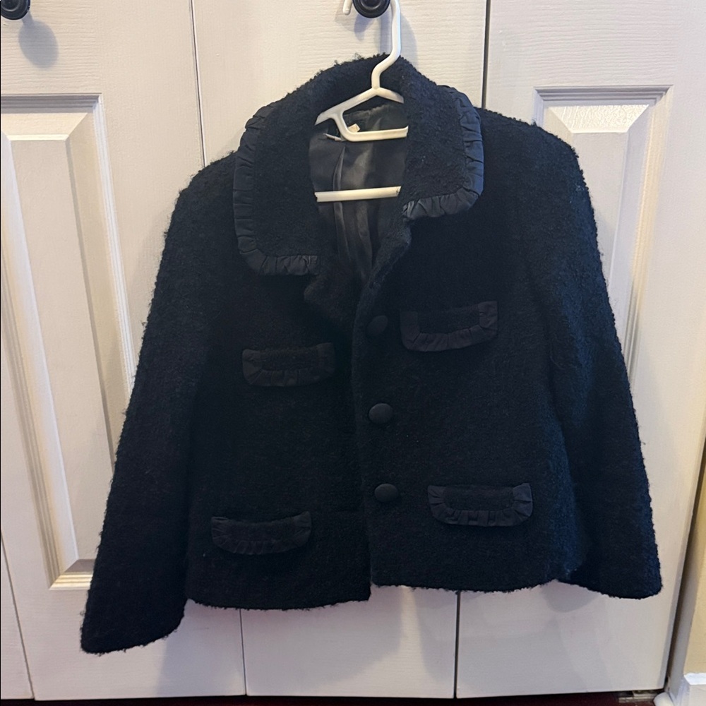 Black Textured Jacket with Ruffle Trim